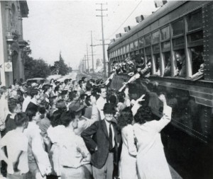Troops departing from Pomona College in in 1945