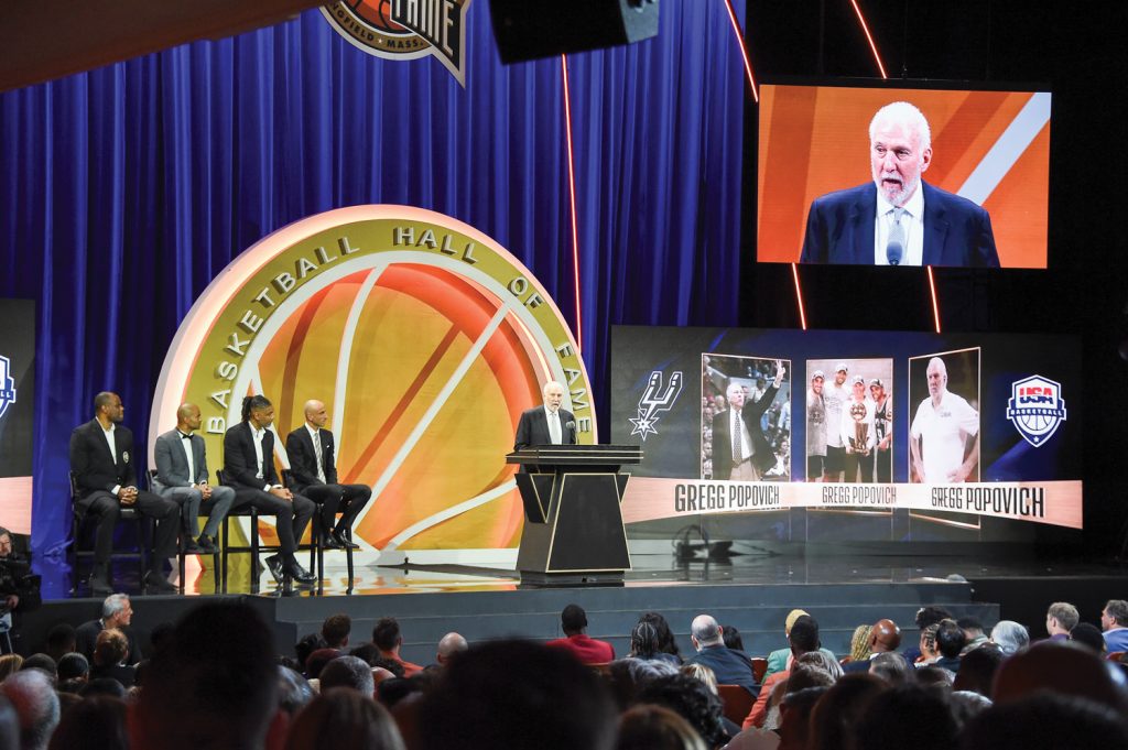 Gregg Popovich speaks during the 2023 Basketball Hall of Fame Enshrinement Ceremony on August 12, 2023 at Springfield Marriott in Springfield, Massachusetts. (Photo by Andrew D. Bernstein/NBAE via Getty Images)
