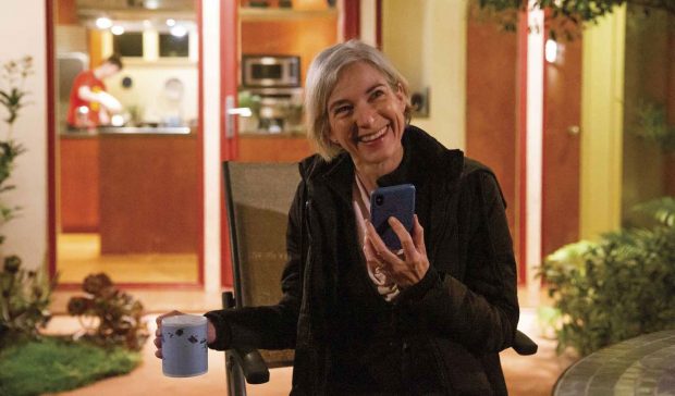Early on Nov. 7, Jennifer Doudna sits on her patio, taking congratulatory calls.