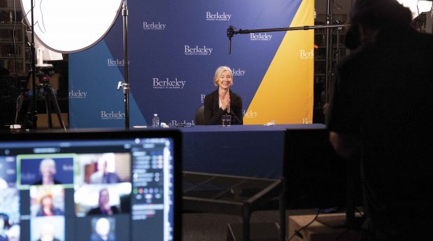 Later that morning, Doudna sits in a studio at UC Berkeley taking Zoom questions from reporters around the world.