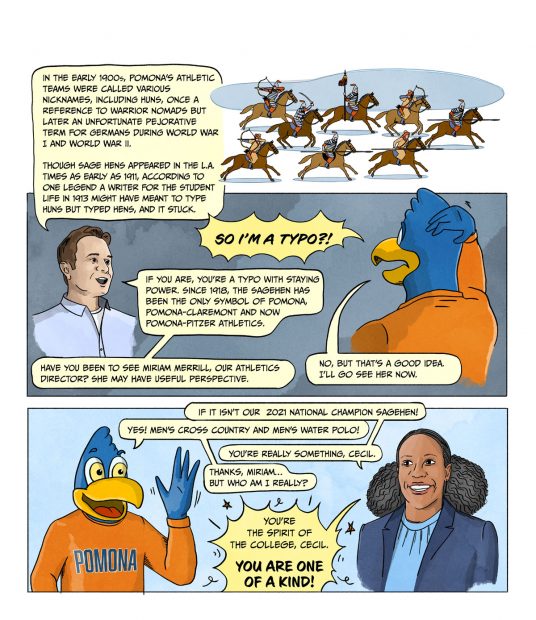 An original graphic story about the origins of Pomona College's mascot, Cecil the Sagehen. Link to full script available below.