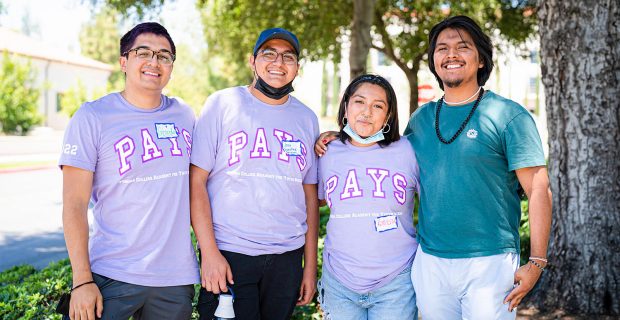 Pomona students serving as PAYS teaching assistants include, from left: Gerardo Hurtado '24, Jose Sanchez Mara '24 and Katherine Rivas '25, who is a PAYS alumna. David Diaz, in green, is a PAYS alumnus attending Swarthmore whose younger brother is now in PAYS.