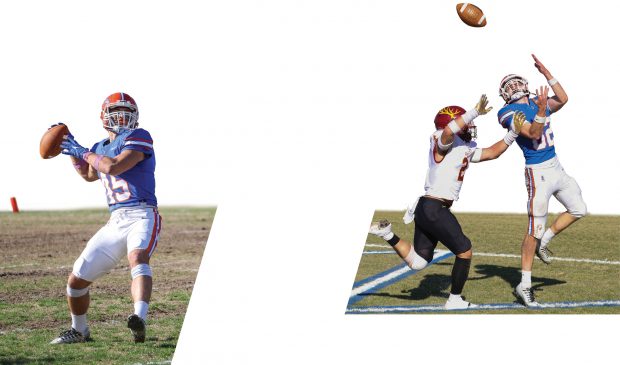 Quinten Wimmer PZ’24 on left, throwing a pass to Will Radice ’22 on right