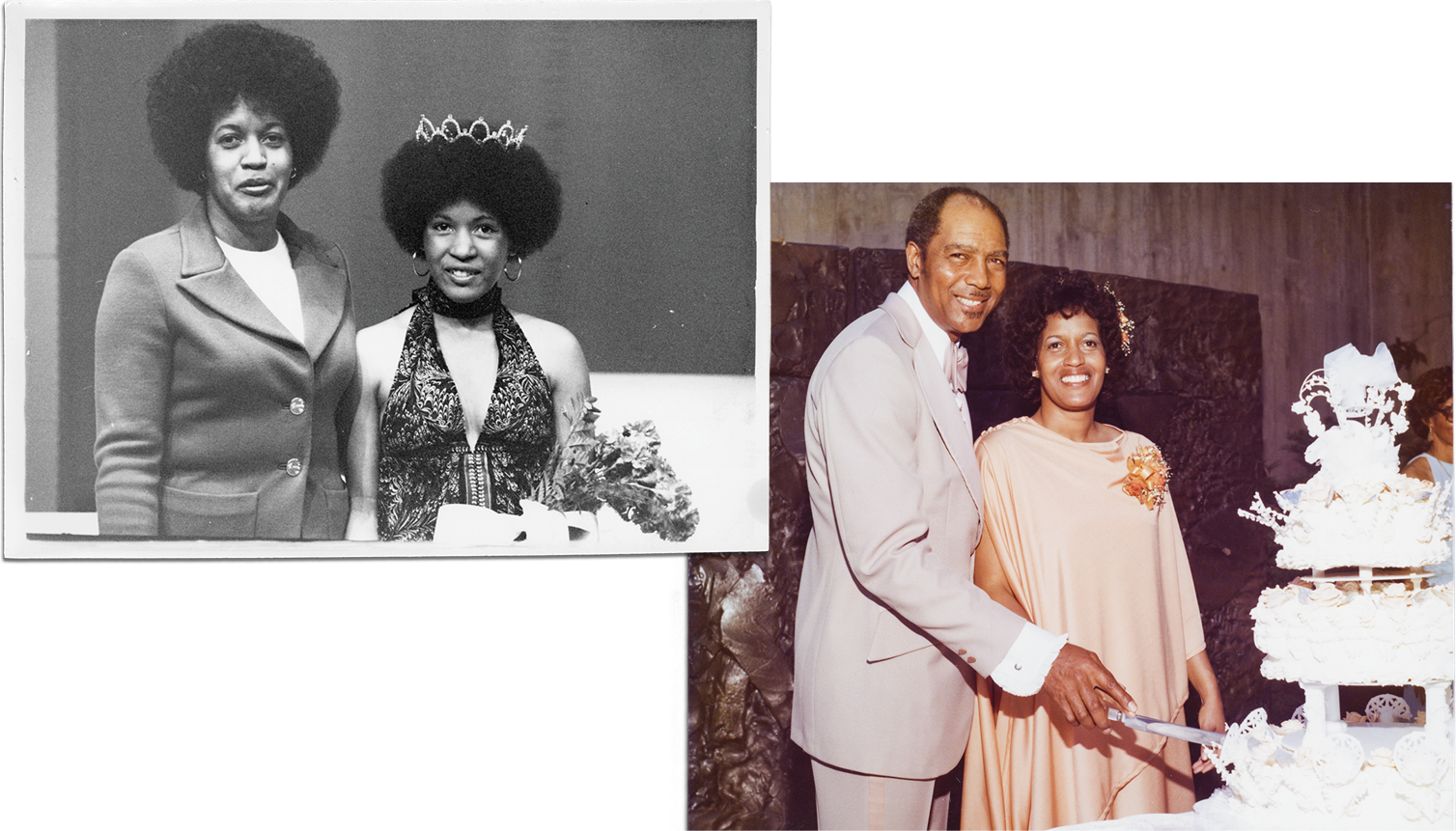 From left: Evers-Williams with daughter Reena, crowned “Miss Black Pearl” at Citrus College, April 1972. Evers-Williams with Walter Williams on their wedding day in 1976.