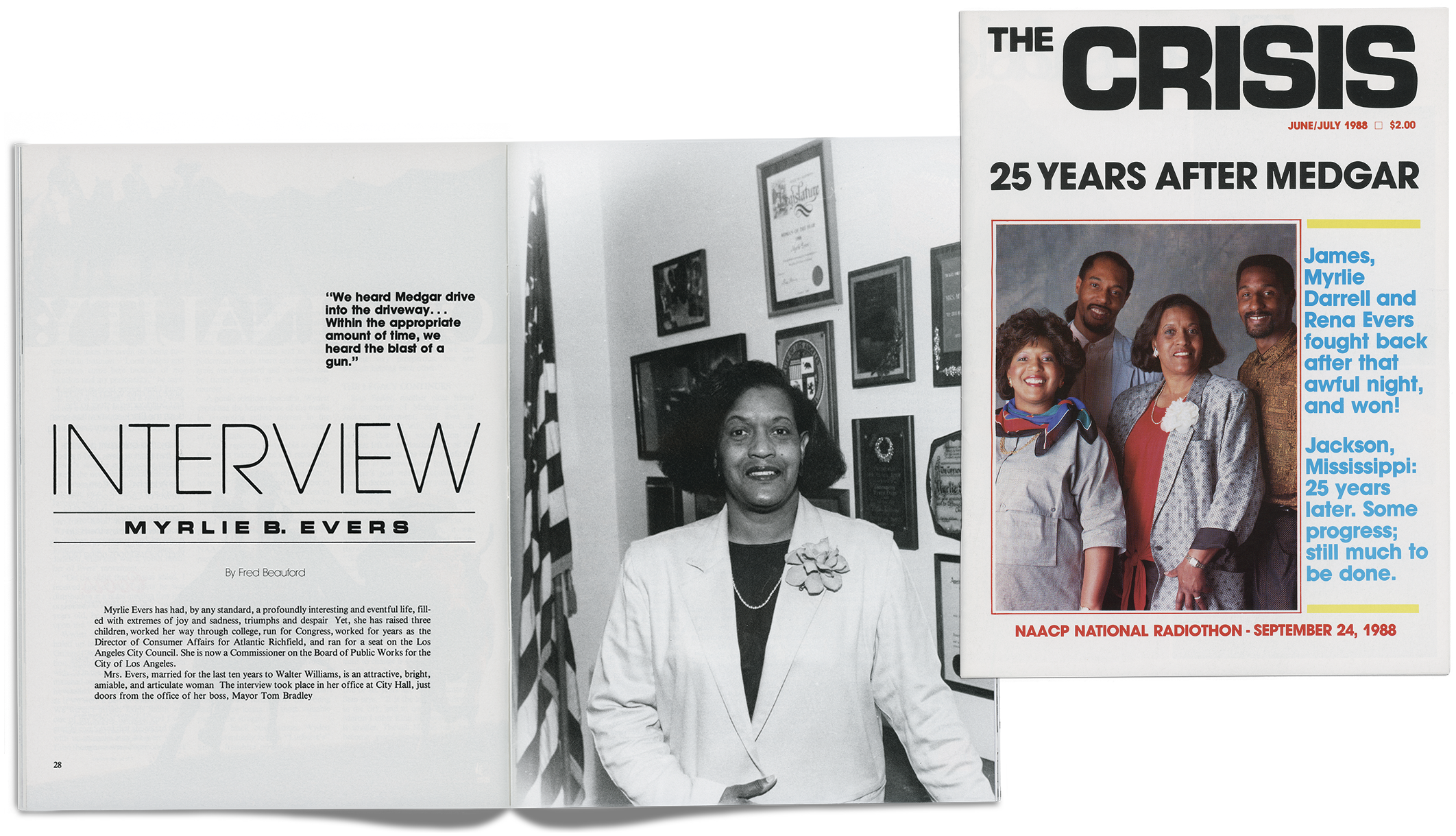 Crisis magazine, June/July 1988: Reena, Darrell, Evers-Williams and James on the 25th anniversary of Medgar Evers' death.