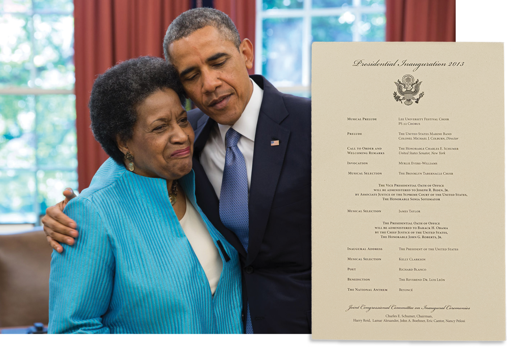 From left: President Barack Obama embraces Myrlie Evers-Williams during a visit in the Oval Office on June 4, 2013. The president met with the Evers family to commemorate the approaching 50th anniversary of Medgar Evers’ death. Photograph by Pete Souza, White House Photographs. The program from the second inauguration of President Obama in January 2013, at which Evers-Williams gave the invocation.