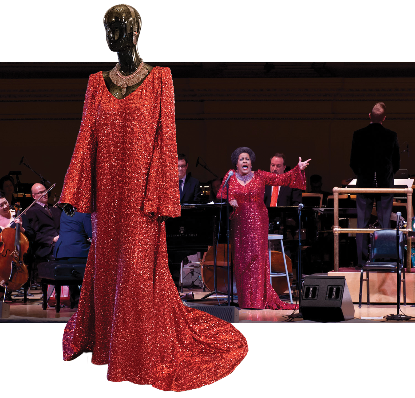 The dress Evers-Williams wore at Carnegie Hall in 2012 when she was invited to fulfill a lifelong dream by performing onstage there. Photo by Stefan Cohen.