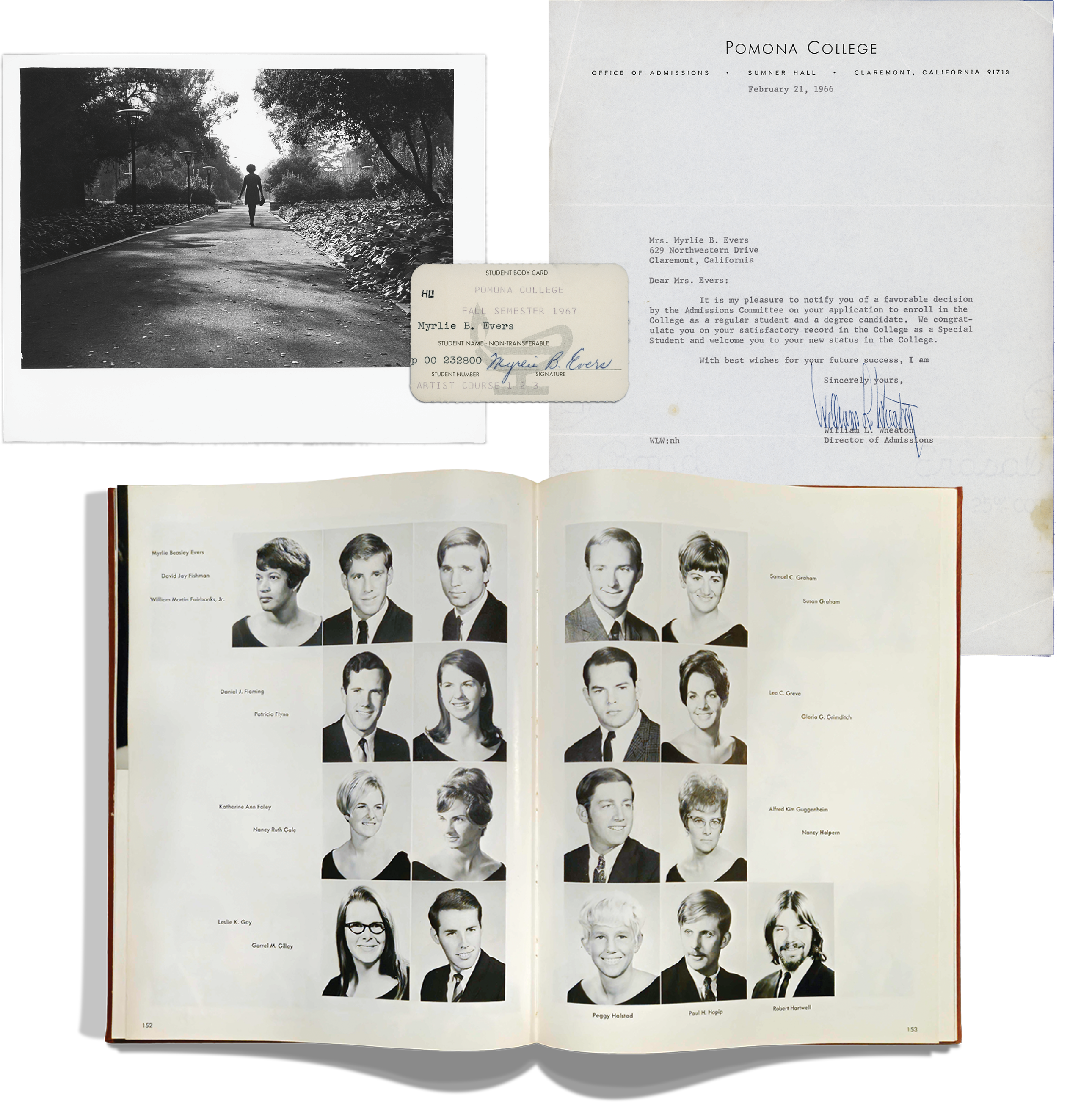 From left: Evers-Williams on the Pomona College campus, 1970. Evers-Williams' identification card, fall 1967. Letter of change of status, Pomona College, 1966. Pomona College yearbook, The Metate, 1968 with photo of Evers-Williams, top left corner.