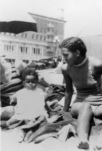 Woman and small child at Bay Street Beach in 1931./L.A. Public Library 
