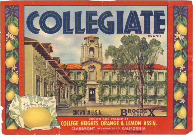 Collegiate citrus label representing Mason Hall from the Oglesby collection