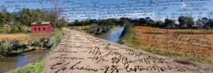 A photograph of the Nishnabotna Ferry House in Iowa is overlayed with an 1838 letter (courtesy of John L. Ford) from a Mississippi slave owner ordering shoes for his slaves. Their names and shoe sizes cover the roadway (Passage on the Underground Railroad). 
