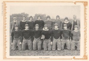 Quarterback Earl “Fuzz” Merritt 1925 P’39, the second player from left in the top row of this photo of the 1923 starters from the Metate yearbook, went on to coach Pomona’s football team from 1935 to 1958. Pomona-Pitzer’s Merritt Field was named in his honor in 1991.
