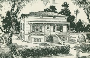 Architectural drawing of Ayer Cottage, a small house in the city of Pomona where Pomona College held its first classes in 1888 in exercise of its charter granted October 14, 1887.