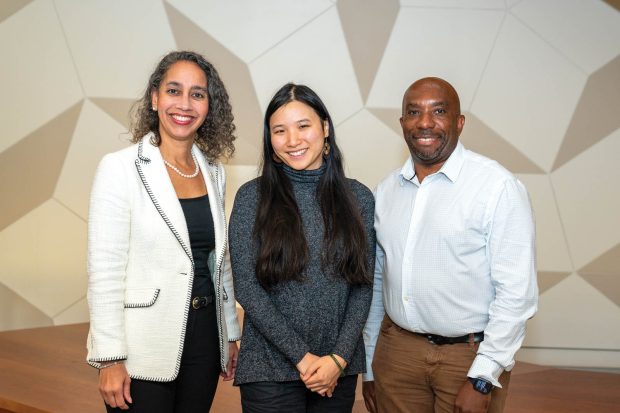 Zoe Batterman ’24, center, with Talitha Washington, president of the Association for Women in Mathematics, and Professor Edray Goins.