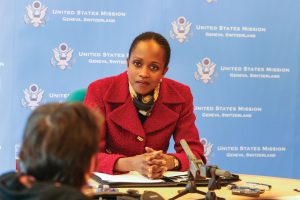Esther Brimmer, then assistant secretary of state for international organization affairs, at 2009 news conference. Courtesy of U.S. Mission Geneva