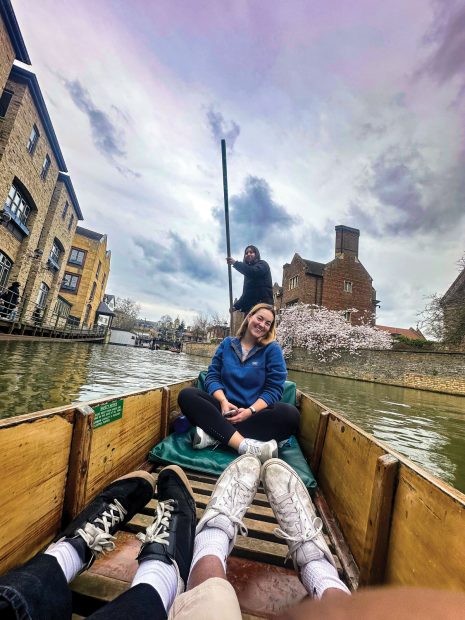 Punting on the River Cam is a quintessential Cambridge activity. Rya Jetha ’23 rows the punt with passenger Sofia Dartnell ’22.