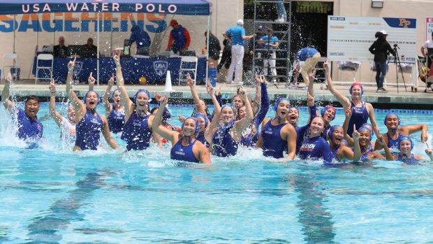 The Pomona-Pitzer women’s water polo team celebrates another USA Water Polo title by jumping into the pool at the end of the match.