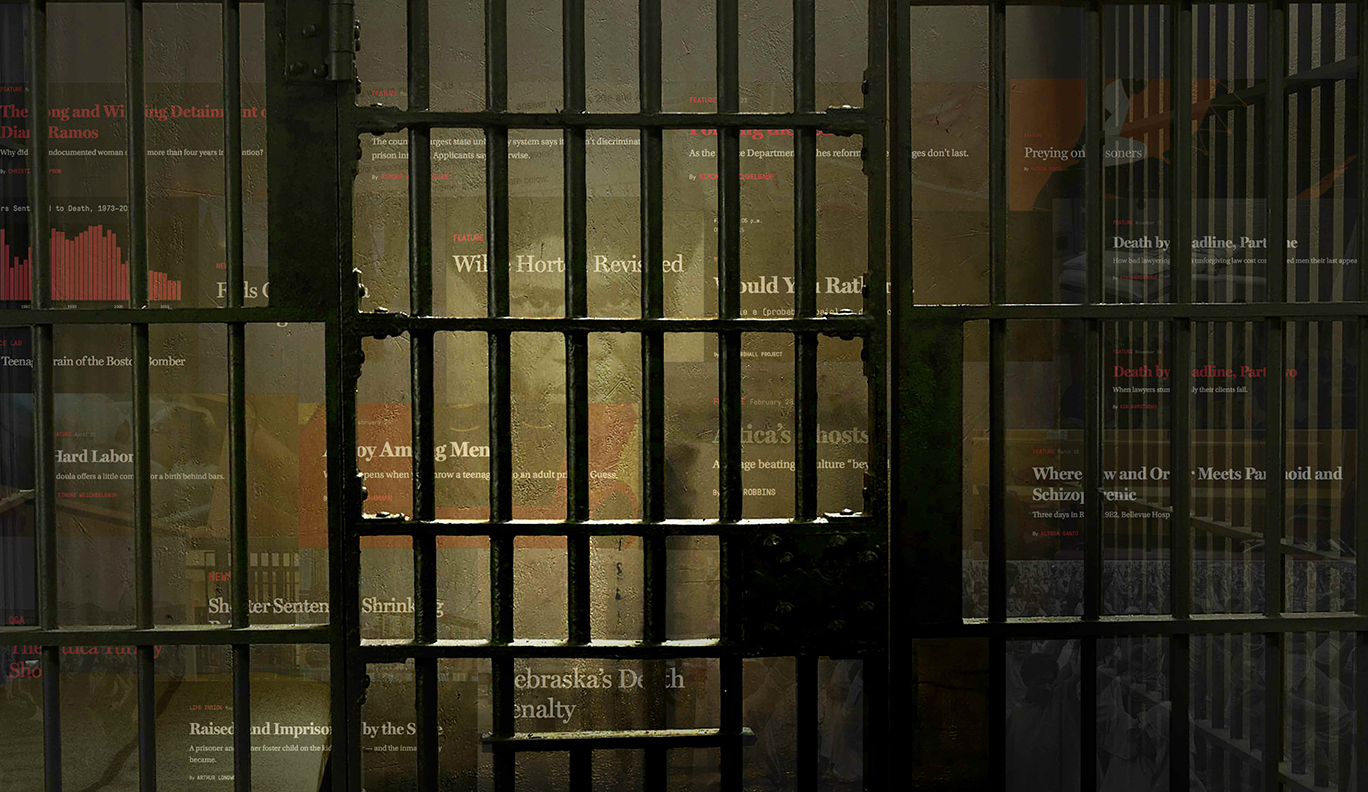 Photo illustration of prison bars with headlines from the Marshall Project website