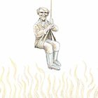 cartoon of Rick Hazlett rappeling to his interview, suspended over a pit of molten lava