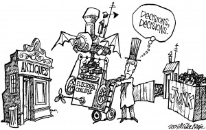 A political cartoon in which a man is deciding to take the electoral college to the antiques store or to the junk pile