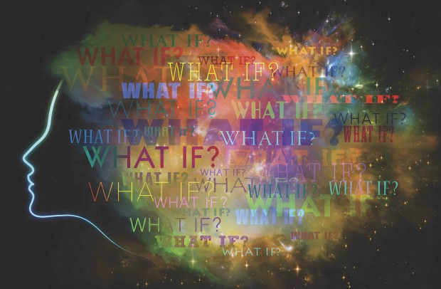 "What If?" repeated over a galaxy background