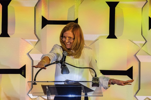 Libby Gates at the podium