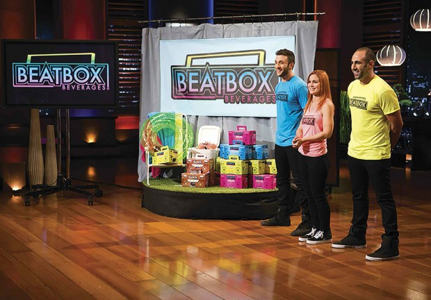 Justin Fenchel and his Beatbox partners on the stage on SharkTank