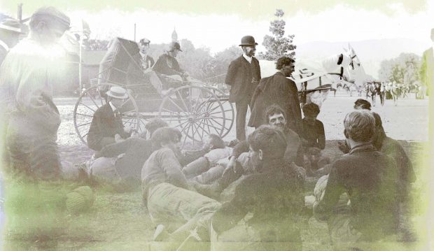 Winston Dickson 1904 (in bowler hat), Pomona’s first Black graduate, chats with members of the Class of 1906 football team. See “Strangers in a Strange Land,” page 30. (From the Boynton Collection of the Claremont Colleges Digital Library)