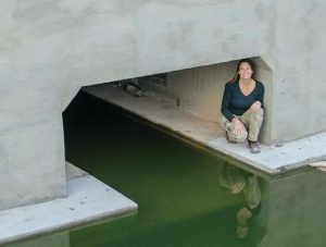 Swarts visits a wildlife underpass under construction. Though currently flooded, it will be dry when complete. 