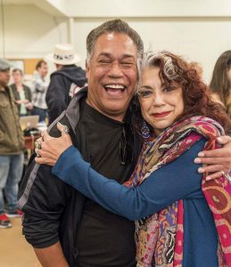 Rose Portillo ’75 and co-star Daniel Valdez in a 1978 rehearsal of Zoot Suit and reunited in 2016 for the famous play’s revival.