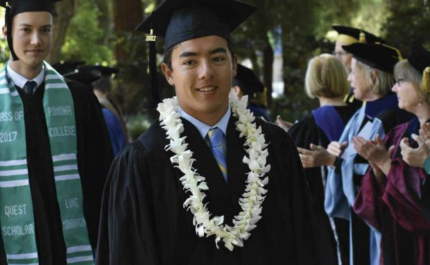 During the processional, faculty line the walkway to applaud Eric Montgomery ’17 and the other new Pomona graduates.