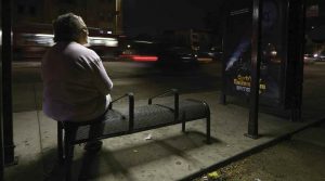 Ramona Bridges ’77 revisits a bench beneath which she sometimes slept during the time that she was homeless.