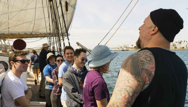 Professor of Music Gibb Schreffler (right) and class aboard the Exy Johnson. Photo by Lushia Anson ’19