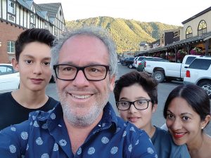 A selfie with Gutkin, his two sons and his wife Marisha Dutt