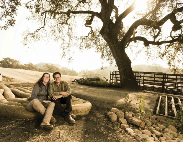 Melissa and Ken Moholt-Siebert, sit on bundles of straw beneath the eponymous ancient oak tree, which survived the 2017 fire that destroyed their home, vineyard and tasting room.