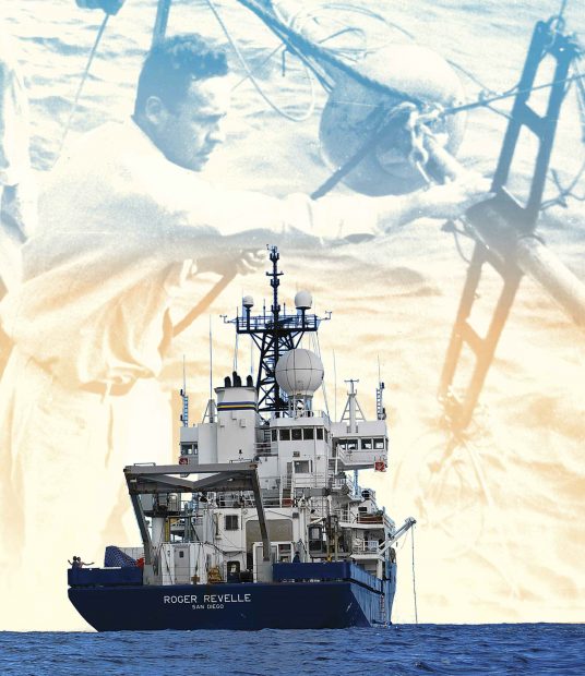 Photo-illustration combining a photo the R/V Roger Revelle at sea and a photo of Roger Revelle ’29 at work on another research vessel many years before. 