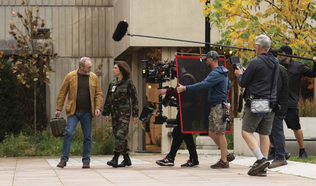 Liam Cunningham as Wade Carter and Julianna Margulies as Dr. Nancy Jaax during production of The Hot Zone in Toronto