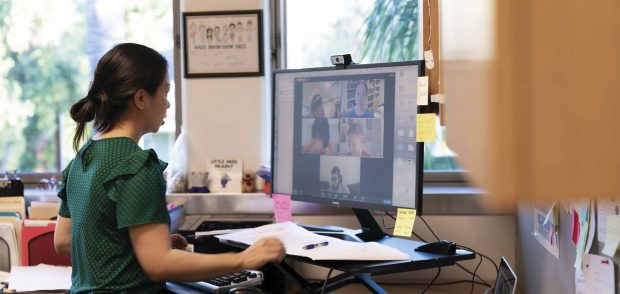 Chemistry Professor Jane Liu conducts a Zoom class in Biochemistry from her office in Seaver North. 