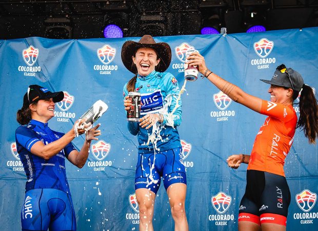 Katie Hall celebrates her win in the 2018 Colorado Classic.