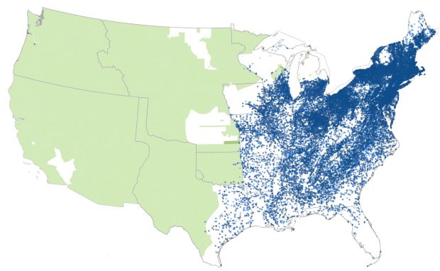 USA existing native land reservations west of the Mississippi in 1848 compared to 35,000 post offices spanning from the U.S. east coast to modern day Nebraska