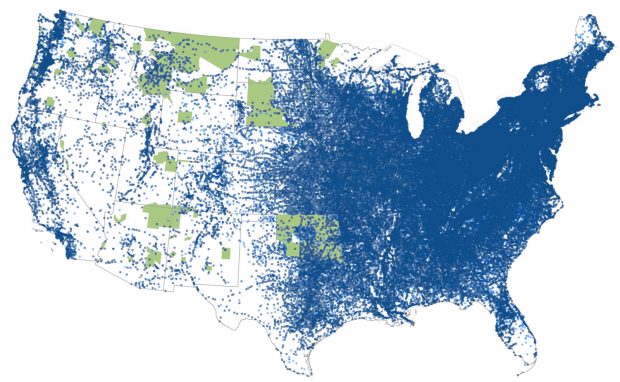 USA native land reservations in 1893 compared to 59,000 post offices spanning the U.S.