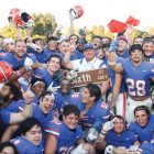 Pomona-Pitzer Football team seen celebrating after winning 2022 Sixth st. Rivalry game