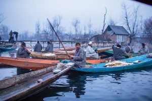 Local farmers at a floating vegetable market on Dal Lake in Srinagar, Kashmir, India. Photography by Sana Javeri Kadri ’16 on a sourcing trip to visit saffron and Kashmiri chilli farm partners.