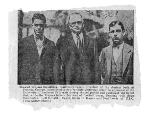 Ranney C. Draper 1925 P’60, left, the father of Trustee Emeritus Ranney E. Draper ’60, spoke at USC as Pomona’s student body president before playing in the game. Clipping courtesy of Ranney E. Draper.