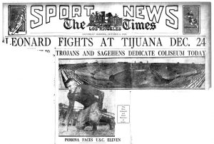 Although the Los Angeles Memorial Coliseum opened for other events earlier in 1923, the first varsity college football game in the stadium was between USC and Pomona on October 6, 1923, as reported by the Los Angeles Times.