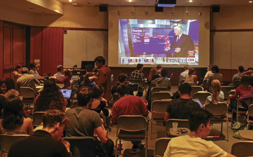 students gathering to watch the midterm 2018 election returns