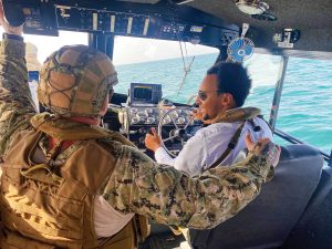 Ruben Murray ’19, right, during a U.S. Navy Maritime Expeditionary Security Squadron patrol in Djibouti.