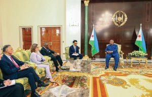 Murray, left of flag, provides translation between U.S. Secretary of Defense Lloyd Austin and the president of Djibouti. Ismail Omar Guellah, during Austin’s first official trip to Africa.