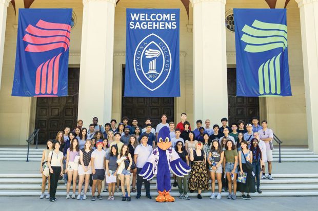 International students gathering in front of Bridges Auditorium