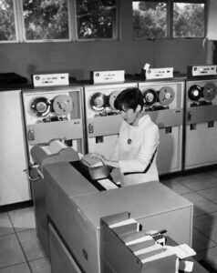 1967: Programmer Bea Cooley in the Millikan Lab. Image courtesy Honnold Mudd Library